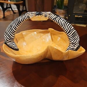 Handcrafted & Signed 'Kissing' Zebras Handled Wood Bowl